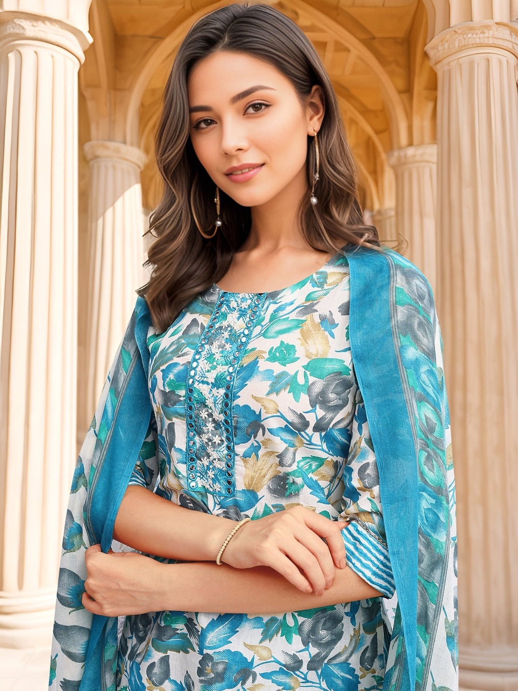 Blue Printed Kurta Set — dupatta close up — Blue Cotton Blend — Banwaree