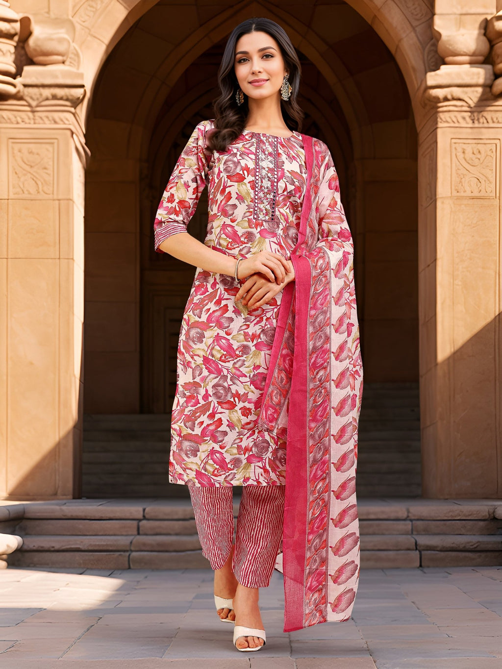 Printed Pink Cotton Blend Kurta Set — front view — pure cotton ethnic wear women