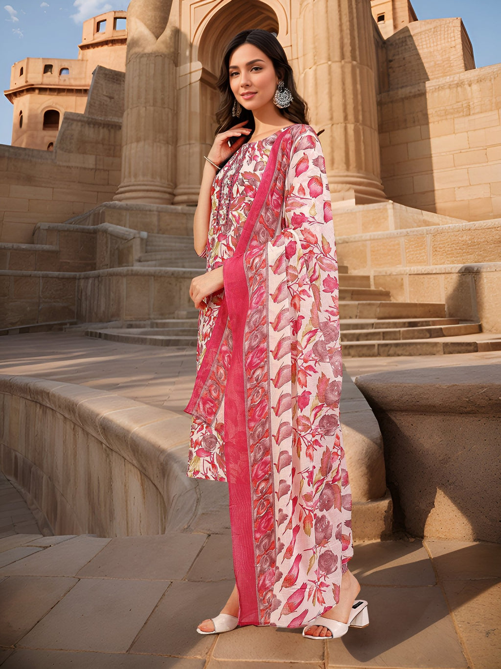 Printed Pink Cotton Blend Kurta Set — side view — Pink Cotton Blend women — Banwaree