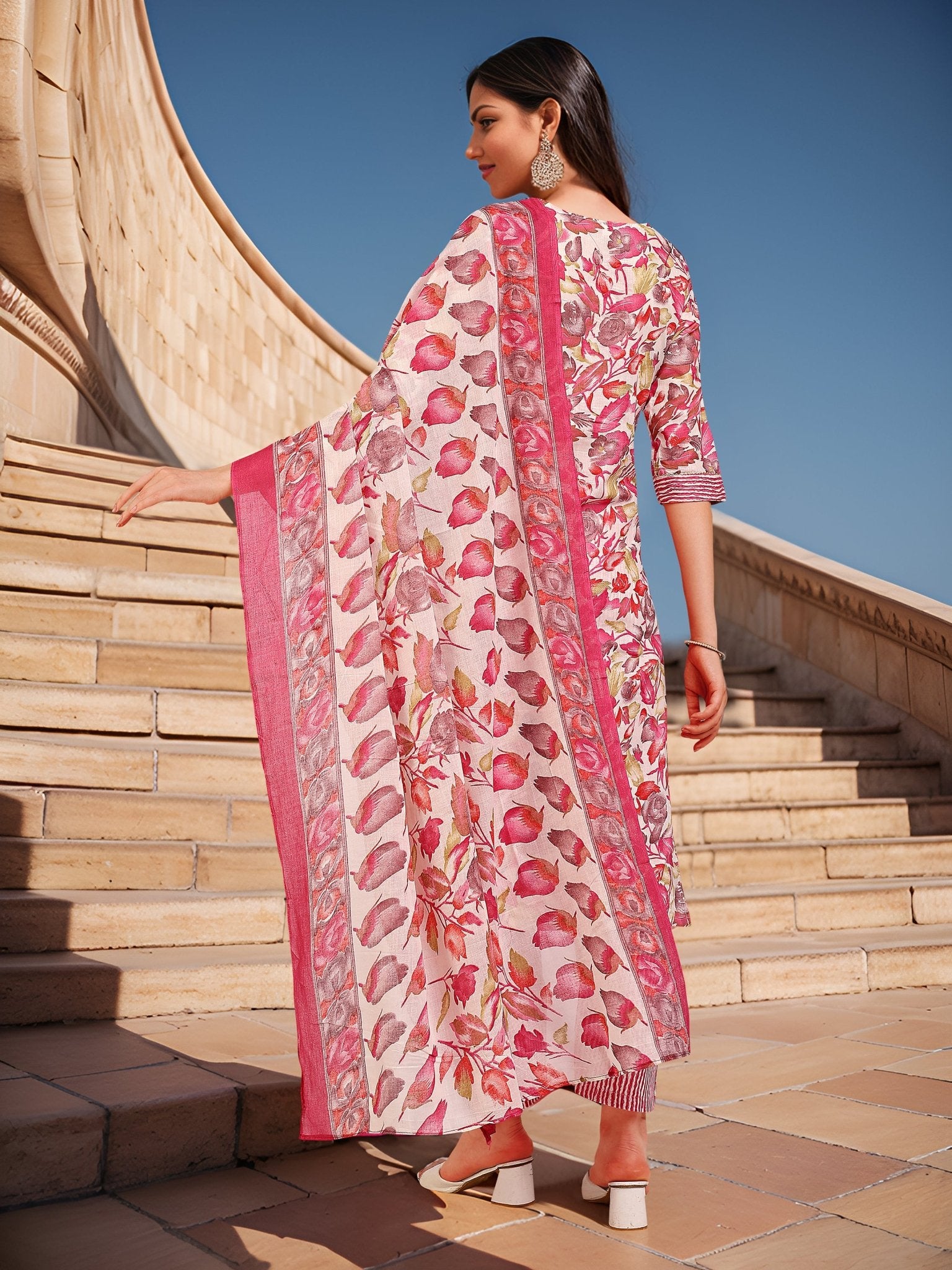 Printed Pink Cotton Blend Kurta Set — back view with dupatta — Banwaree India
