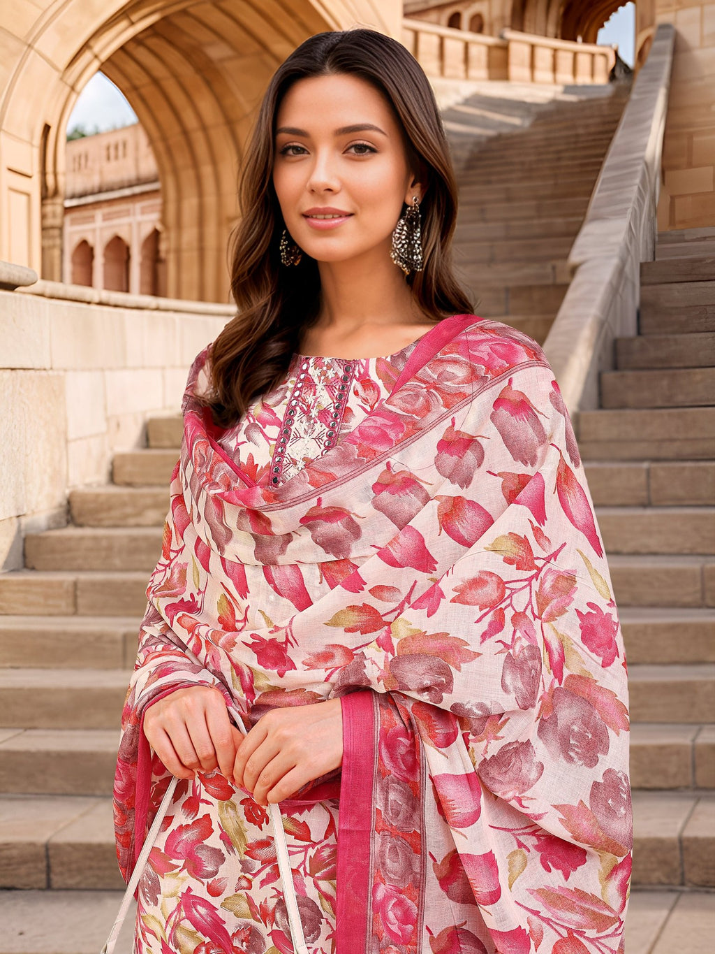 Printed Pink Cotton Blend Kurta Set — dupatta close up — Pink Cotton Blend — Banwaree