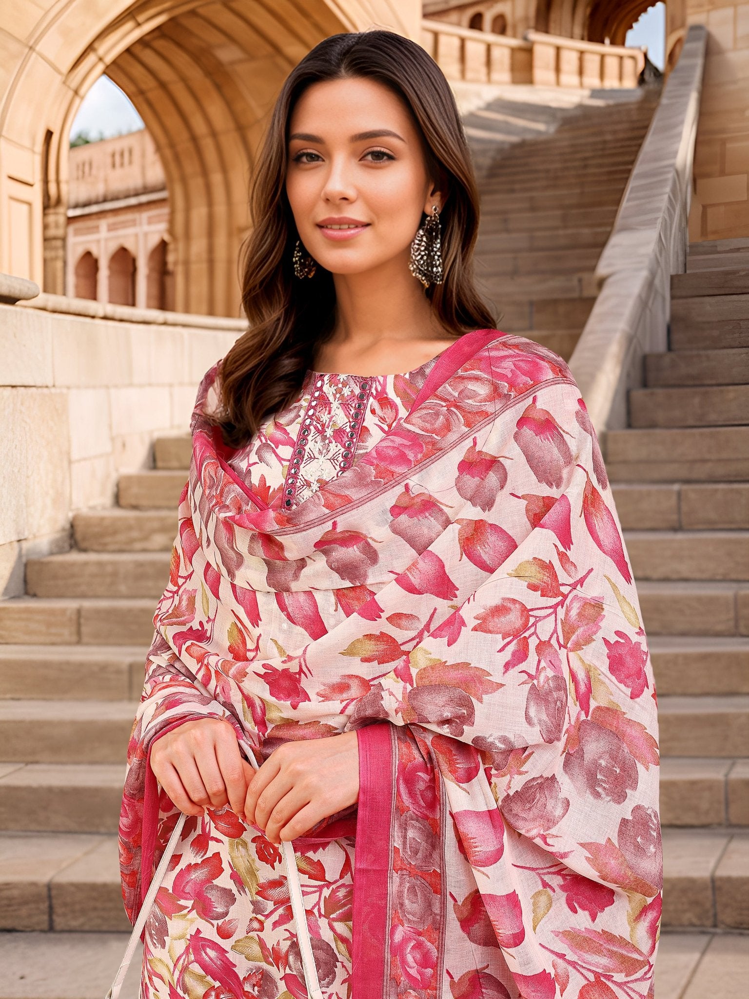 Printed Pink Cotton Blend Kurta Set — dupatta close up — Pink Cotton Blend — Banwaree