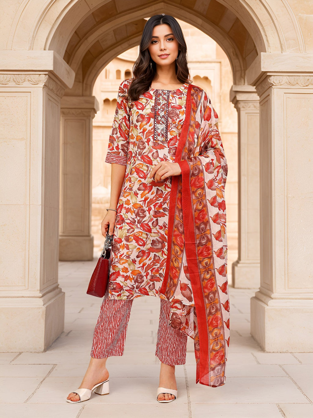 Red Cotton Blend Kurta Set — front view — pure cotton ethnic wear women