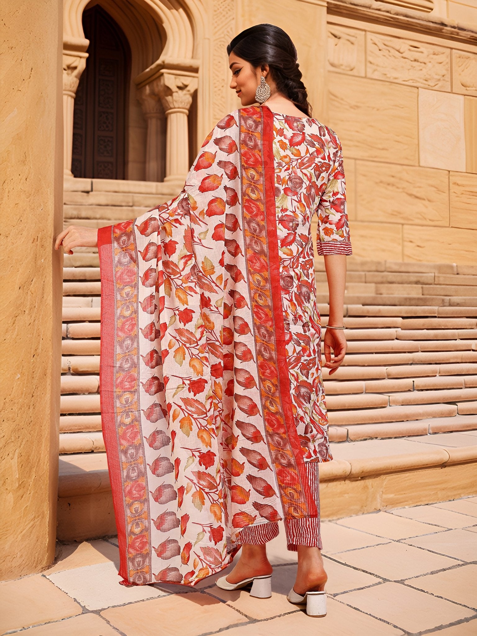 Red Cotton Blend Kurta Set — back view with dupatta — Banwaree India