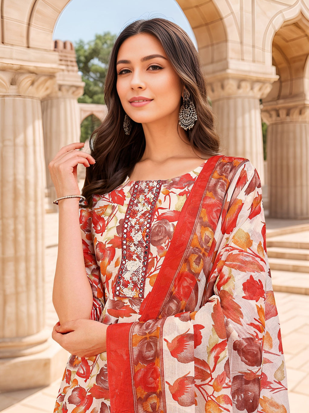 Red Cotton Blend Kurta Set — dupatta close up — Red Cotton Blend — Banwaree