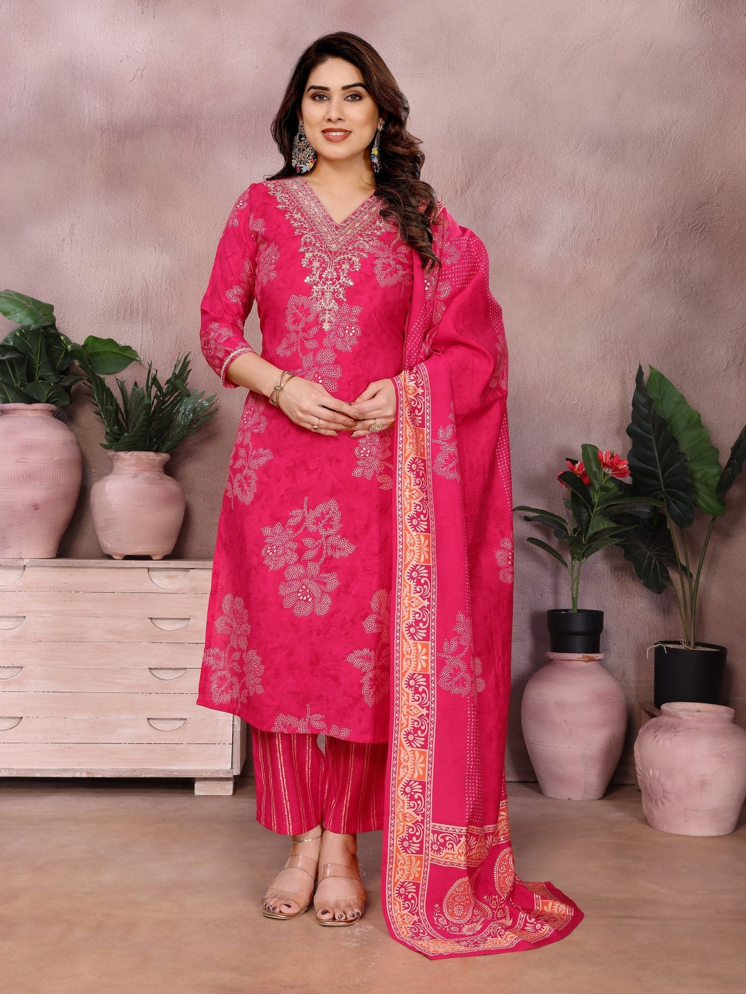 Pink Printed Kurta Set — front view — festive silk kurti with dupatta