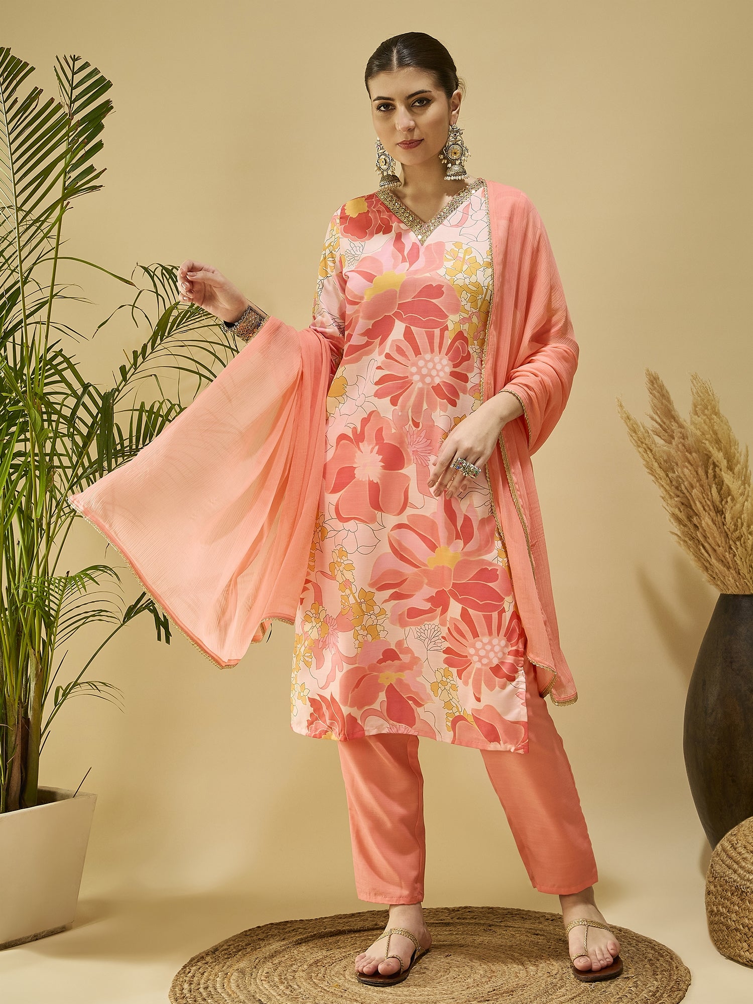 Peach Printed Cotton Blend Kurta Set — front view — pure cotton ethnic wear women