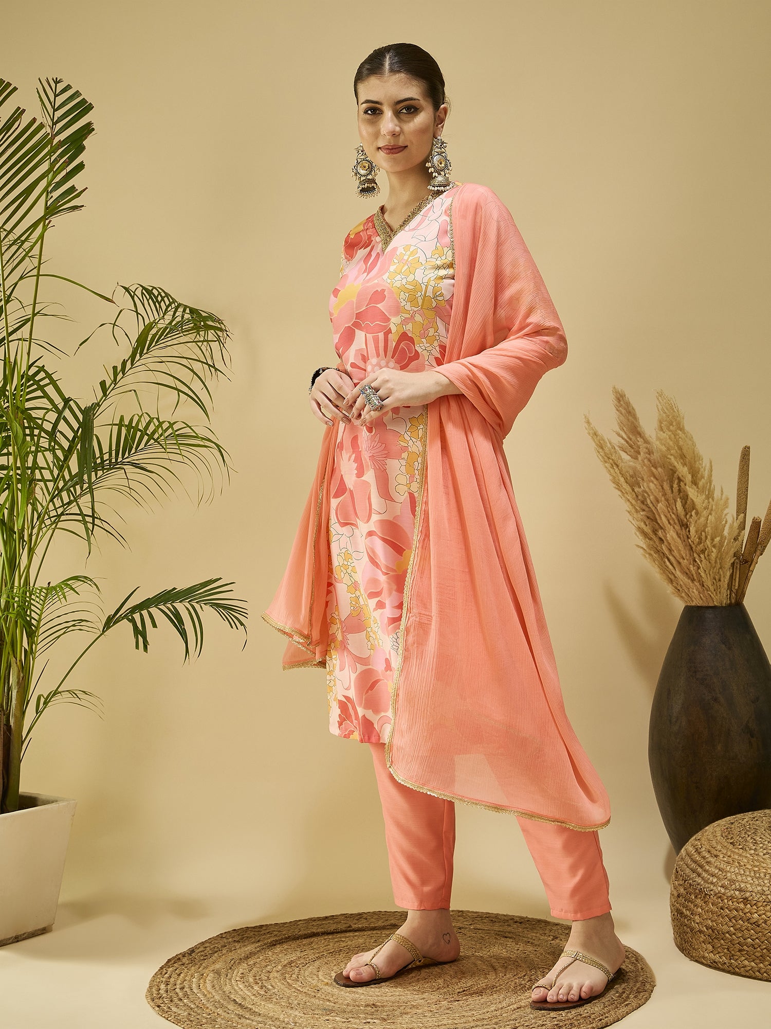 Peach Printed Cotton Blend Kurta Set — side view — Peach Cotton Blend women — Banwaree