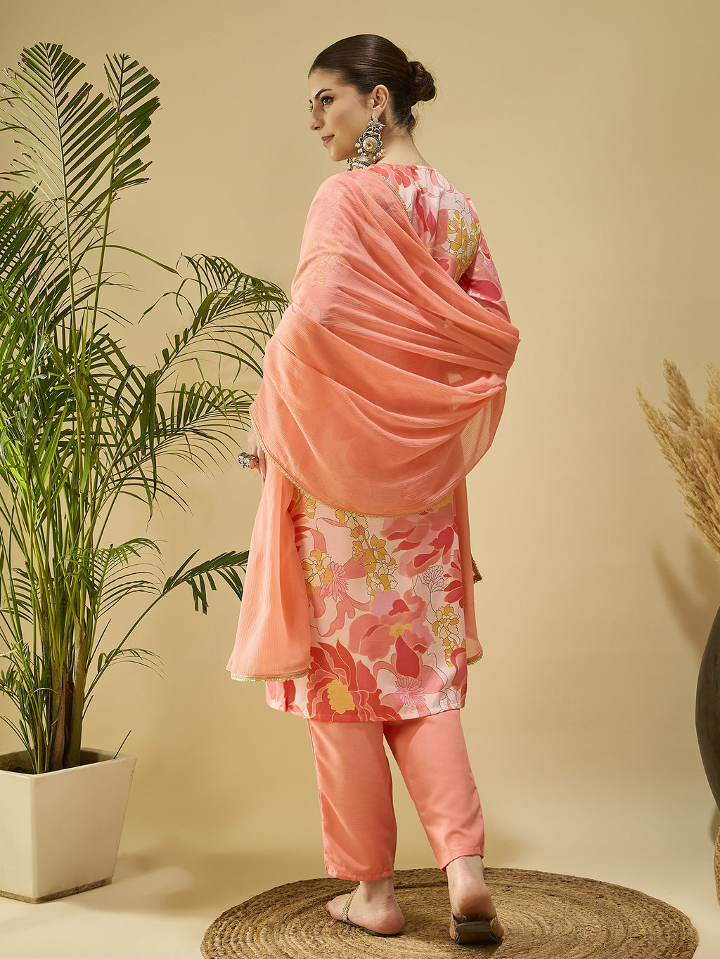 Peach Printed Cotton Blend Kurta Set — back view with dupatta — Banwaree India