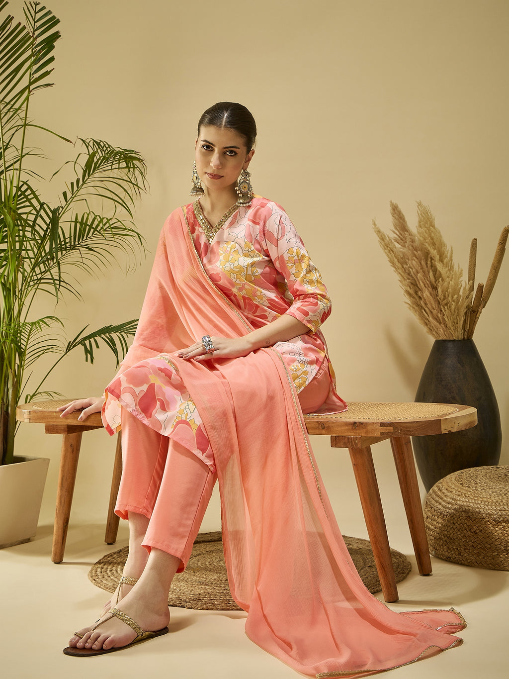 Peach Printed Cotton Blend Kurta Set — fabric detail — Peach breathable cotton blend