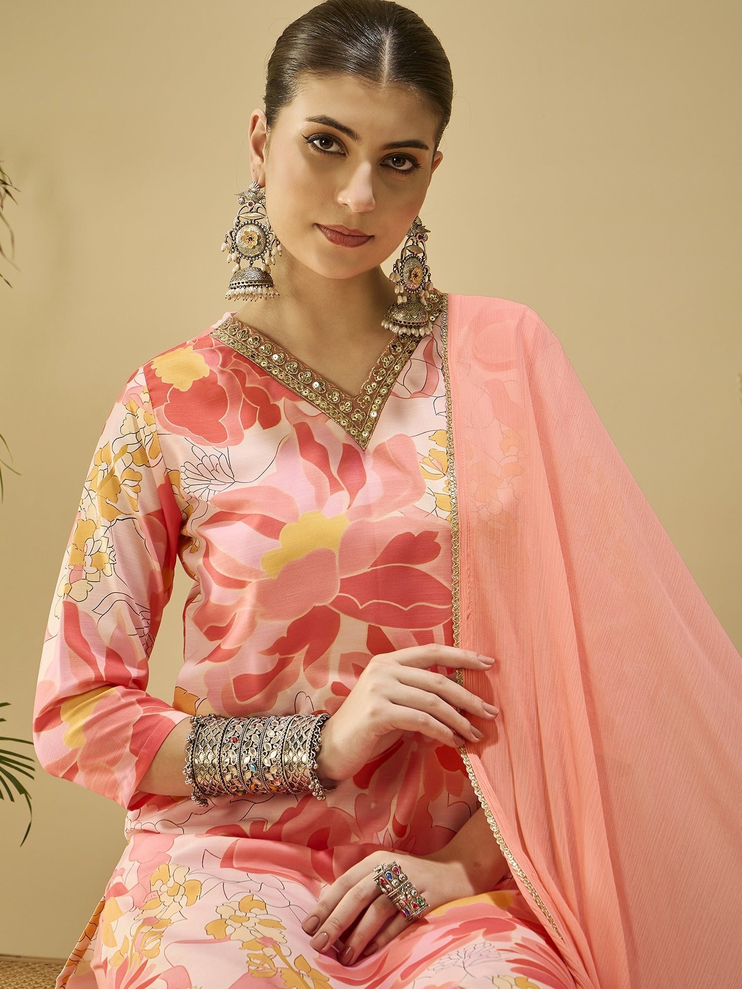 Peach Printed Cotton Blend Kurta Set — summer styling — casual cotton blend — Banwaree