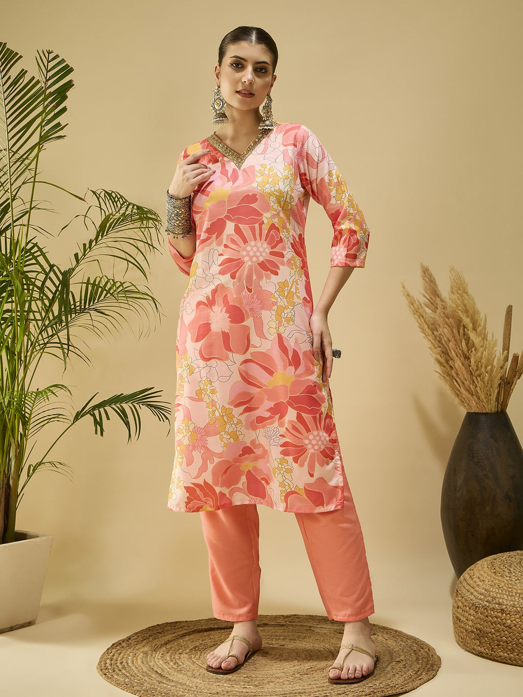 Peach Printed Cotton Blend Kurta Set — complete 3-piece set — Peach Cotton Blend