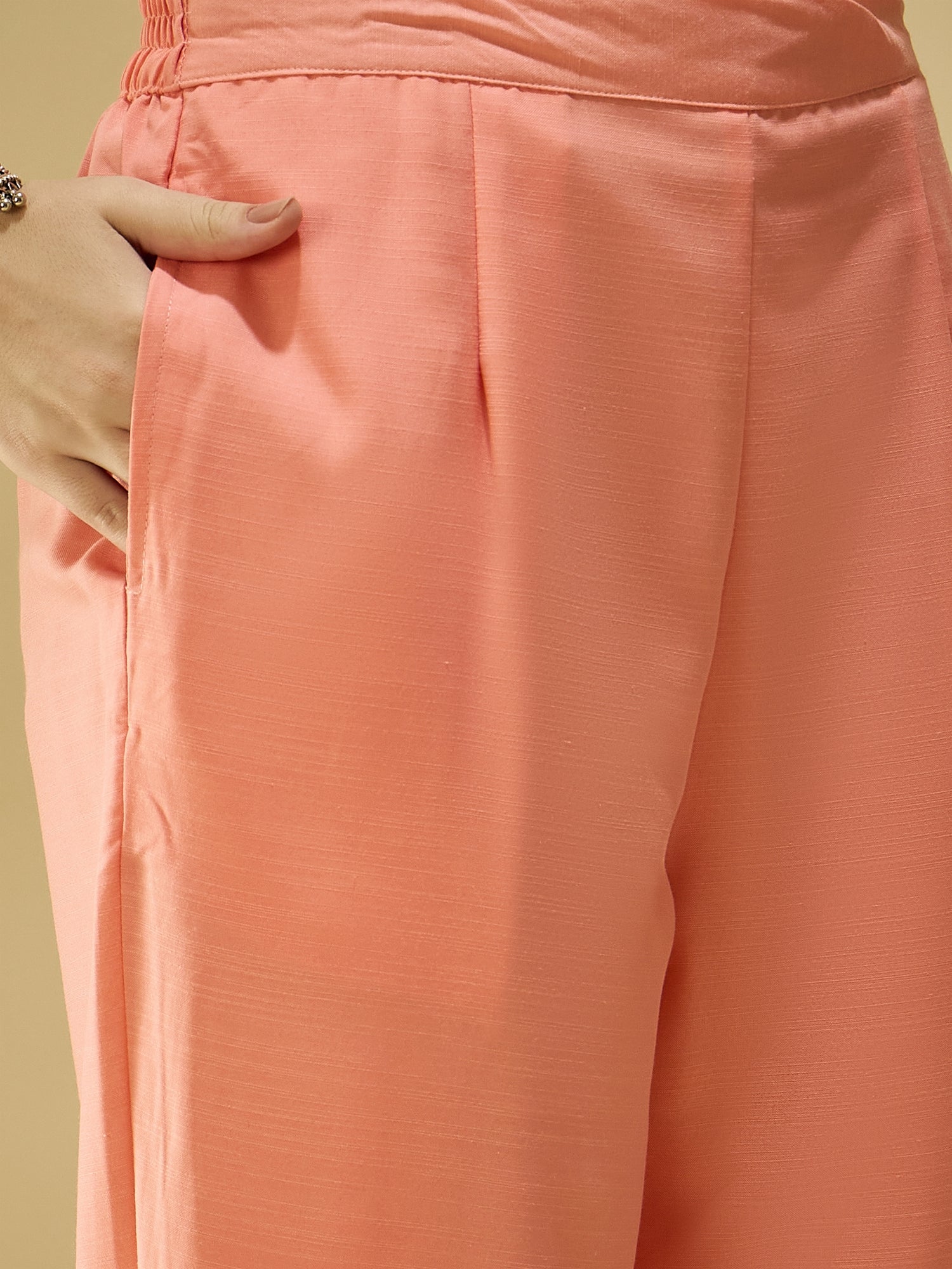 Peach Printed Cotton Blend Kurta Set — dupatta close up — Peach Cotton Blend — Banwaree