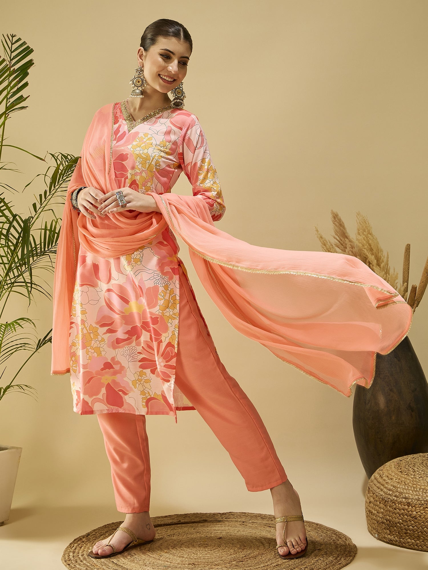 Peach Printed Cotton Blend Kurta Set — flat lay — cotton kurta set online India — Banwaree India