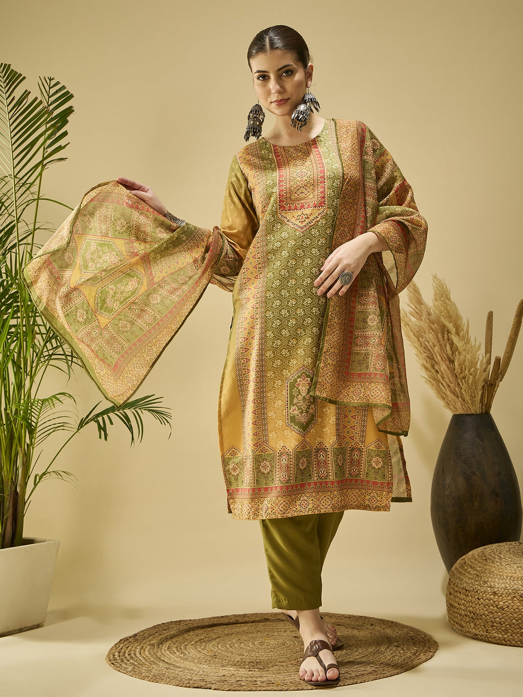Mustard Cotton Blend Printed Kurta Set — front view — pure cotton ethnic wear women