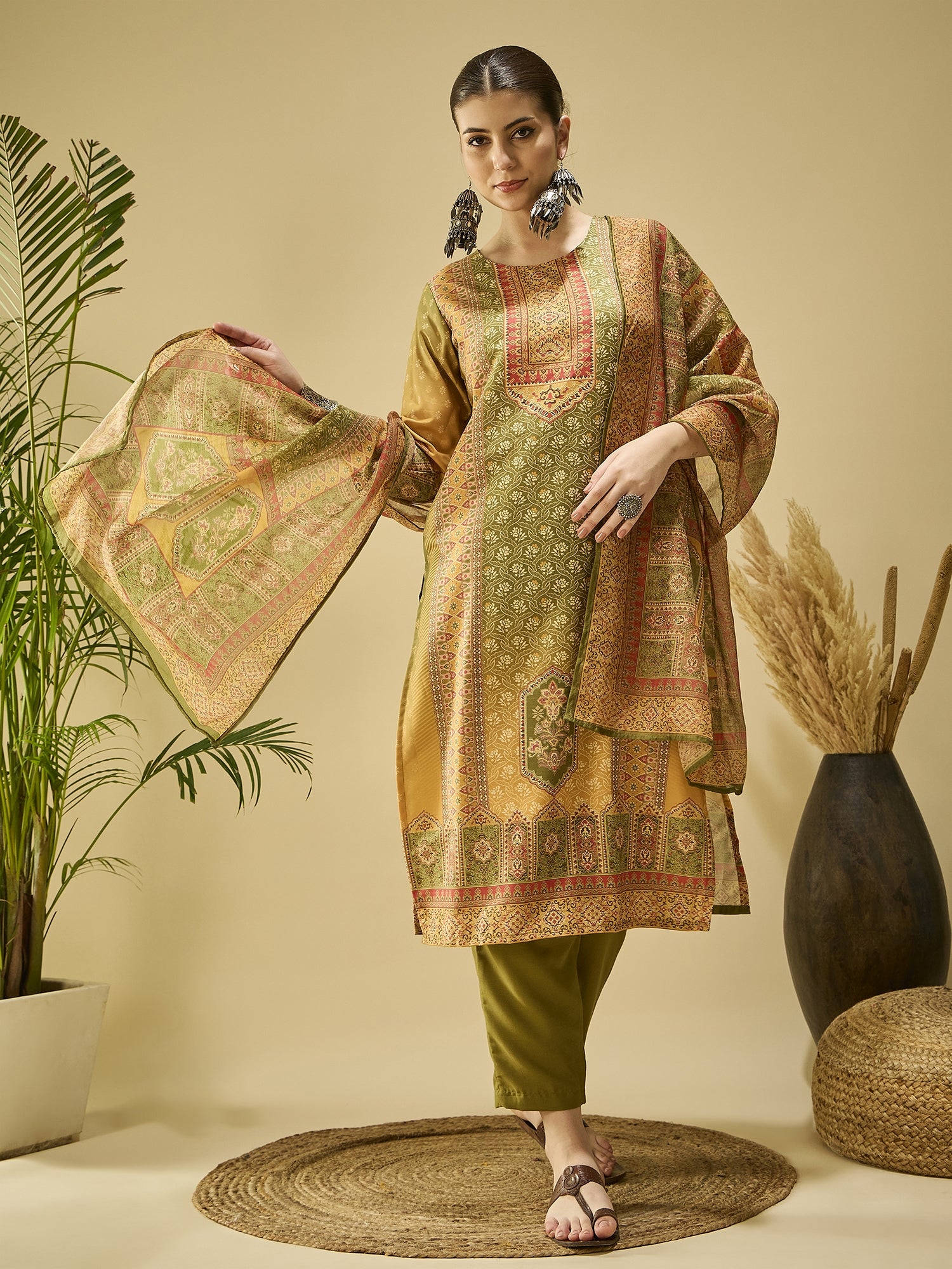 Mustard Cotton Blend Printed Kurta Set — front view — pure cotton ethnic wear women