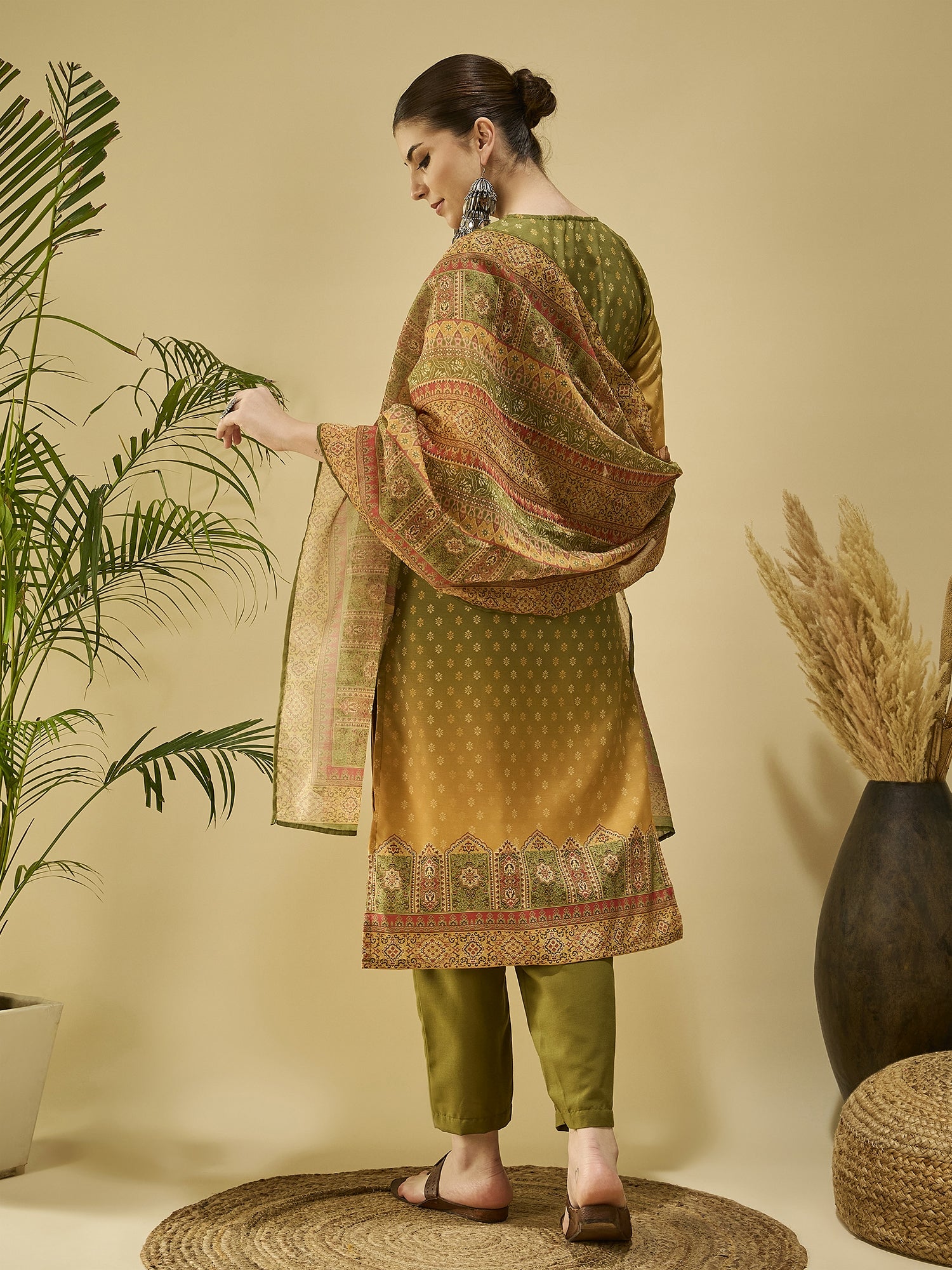 Mustard Cotton Blend Printed Kurta Set — back view with dupatta — Banwaree India