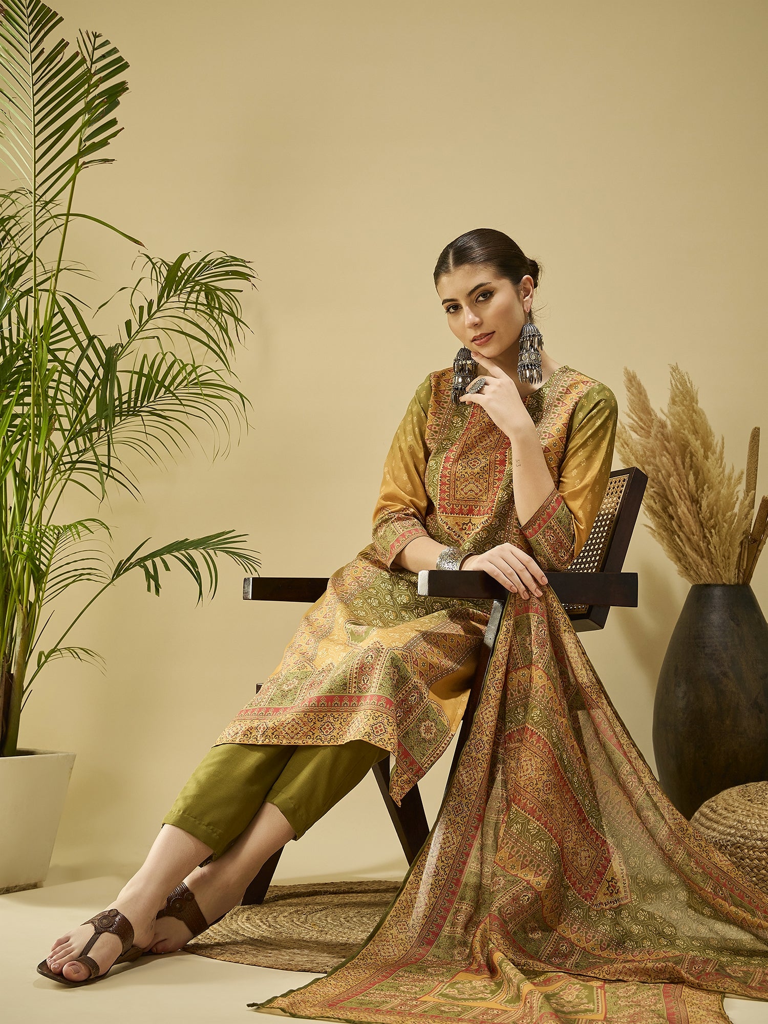 Mustard Cotton Blend Printed Kurta Set — fabric detail — Mustard breathable cotton blend