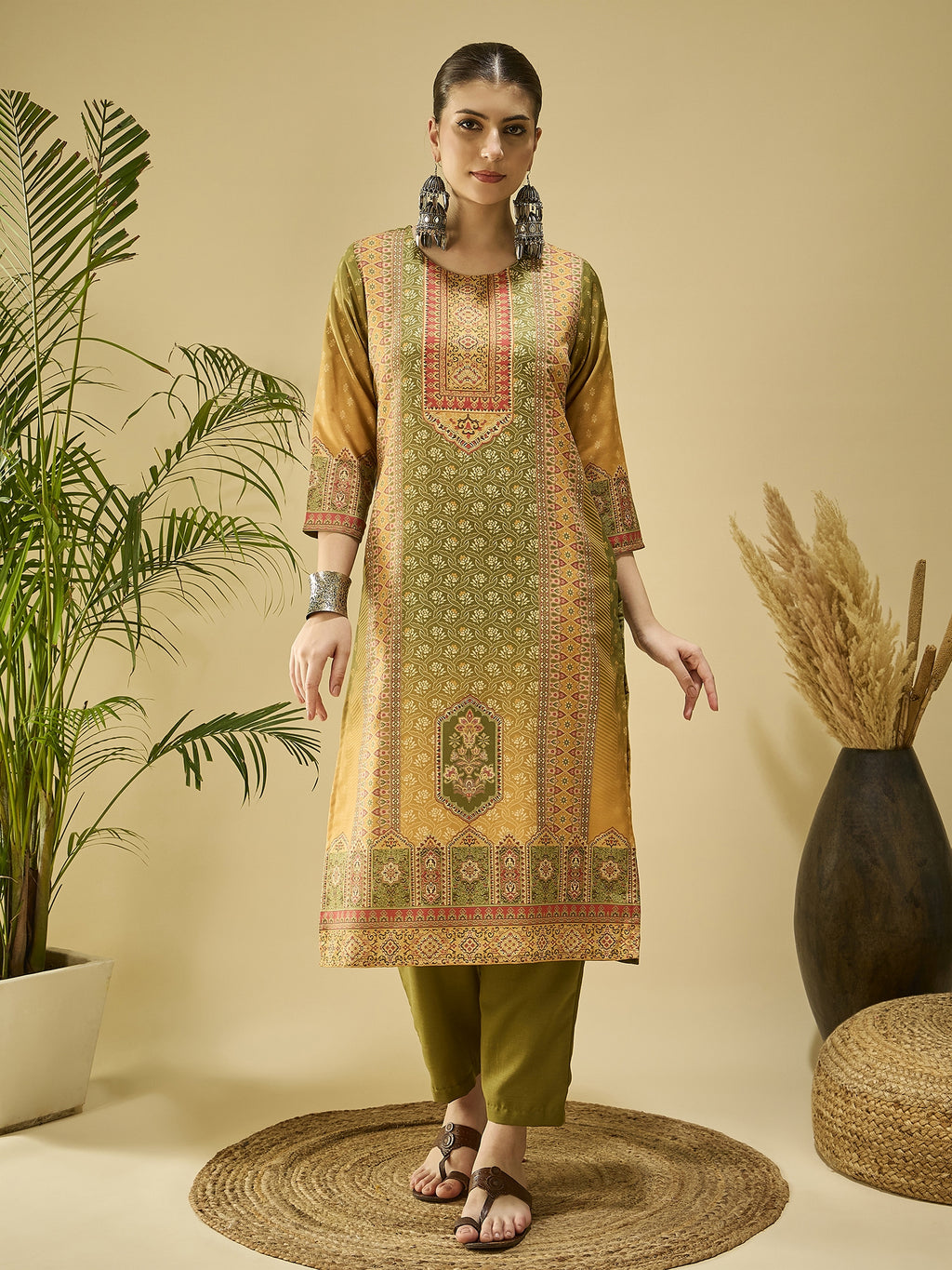 Mustard Cotton Blend Printed Kurta Set — complete 3-piece set — Mustard Cotton Blend
