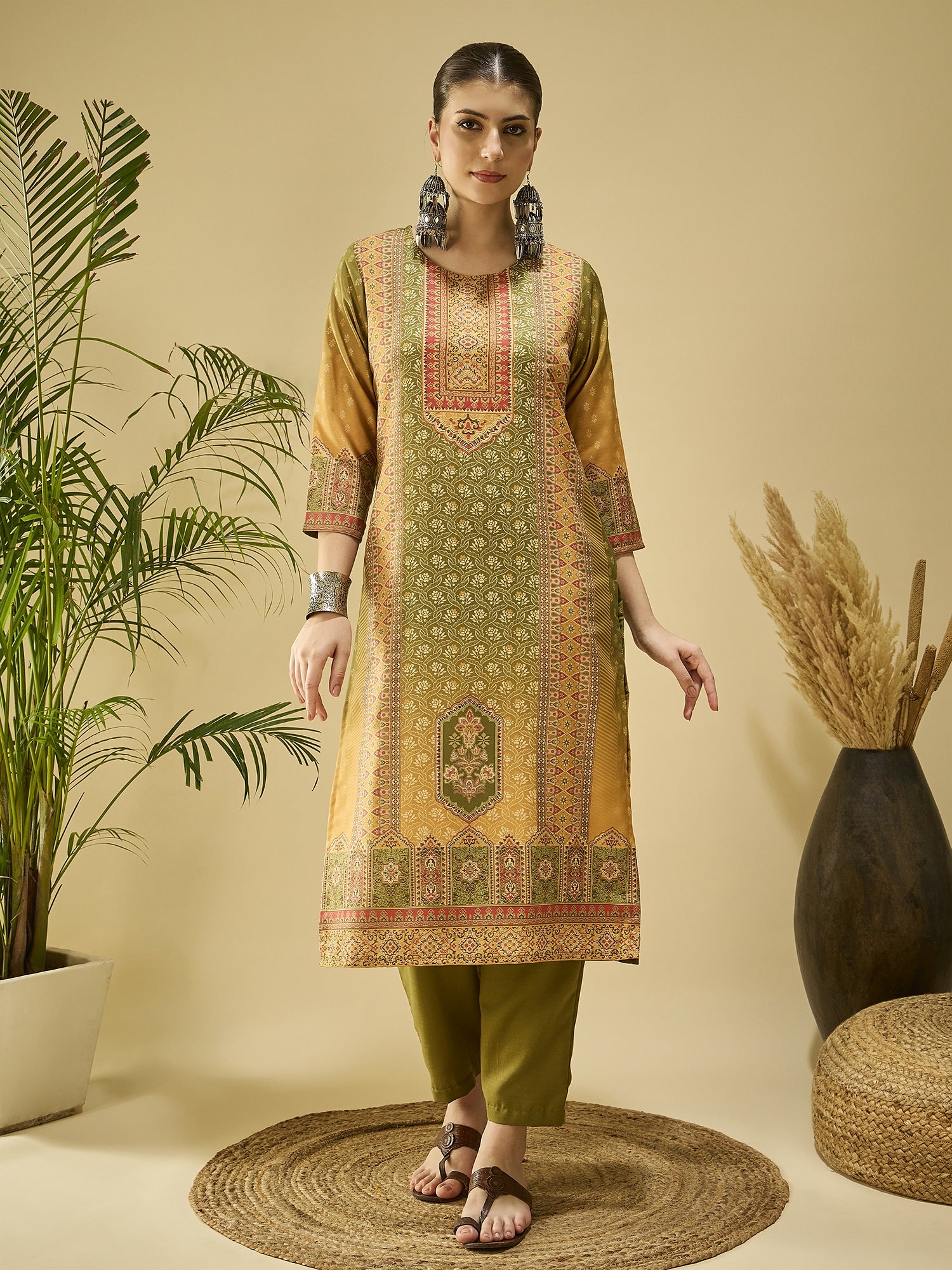 Mustard Cotton Blend Printed Kurta Set — complete 3-piece set — Mustard Cotton Blend