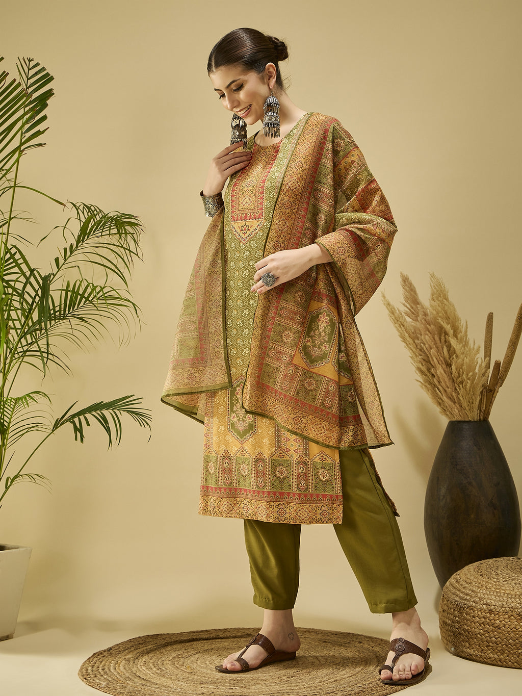 Mustard Cotton Blend Printed Kurta Set — flat lay — cotton kurta set online India — Banwaree India