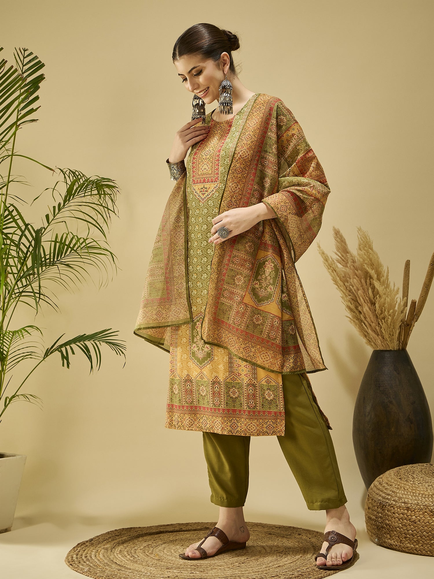 Mustard Cotton Blend Printed Kurta Set — flat lay — cotton kurta set online India — Banwaree India