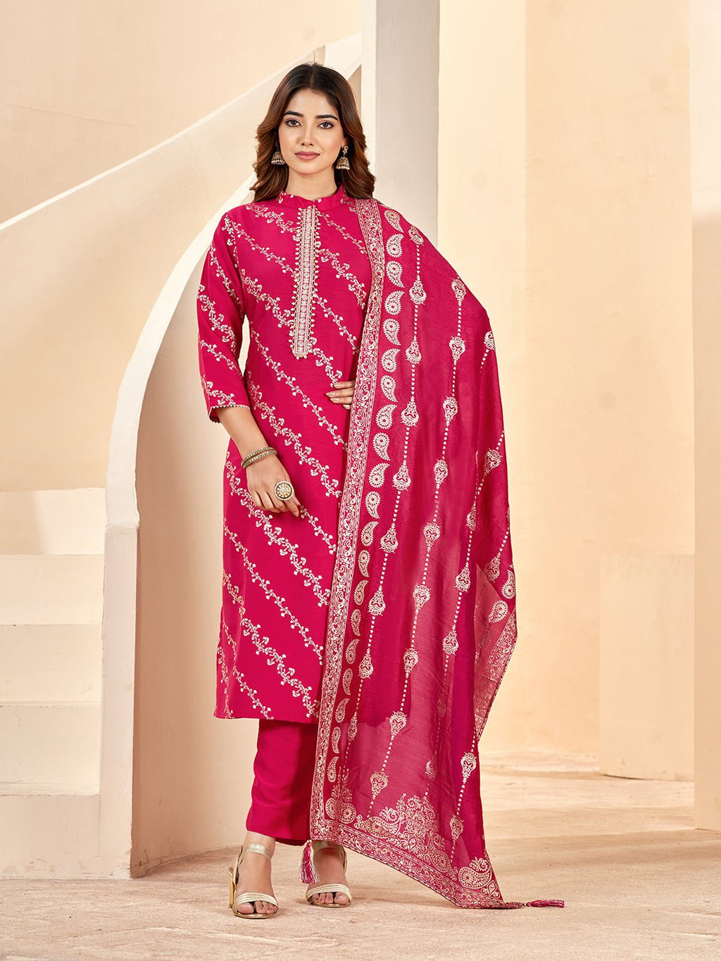 Pink Printed Silk Blend Kurta Set — front view — festive silk kurti with dupatta