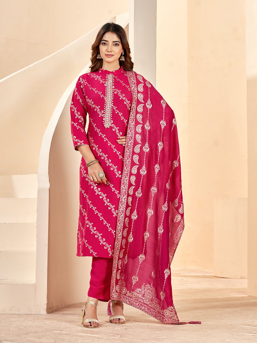 Pink Printed Silk Blend Kurta Set — front view — festive silk kurti with dupatta