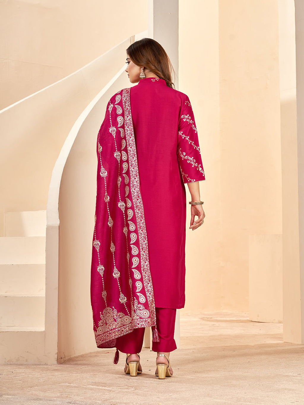Pink Printed Silk Blend Kurta Set — back view with dupatta — Banwaree India