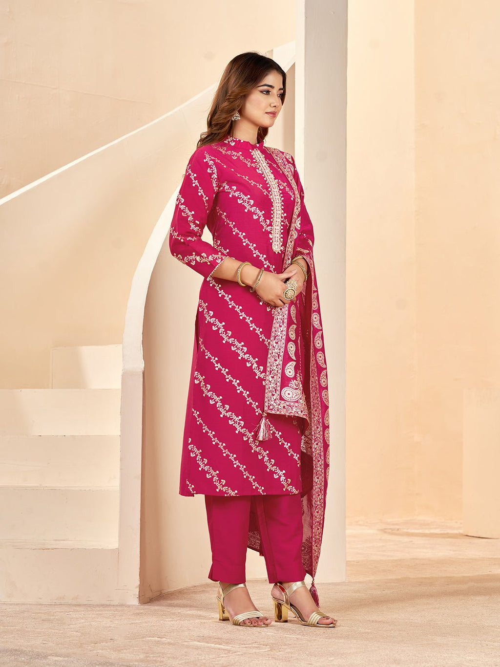 Pink Printed Silk Blend Kurta Set — fabric detail — Pink premium silk blend