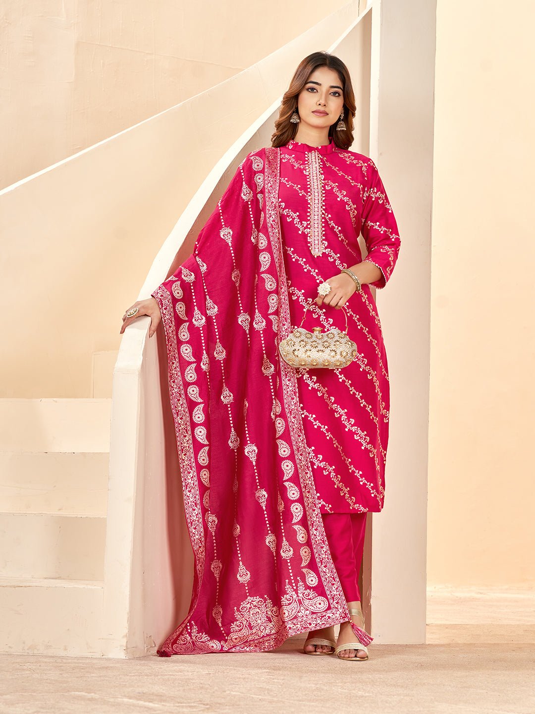 Pink Printed Silk Blend Kurta Set — complete 3-piece set — Pink Silk Blend
