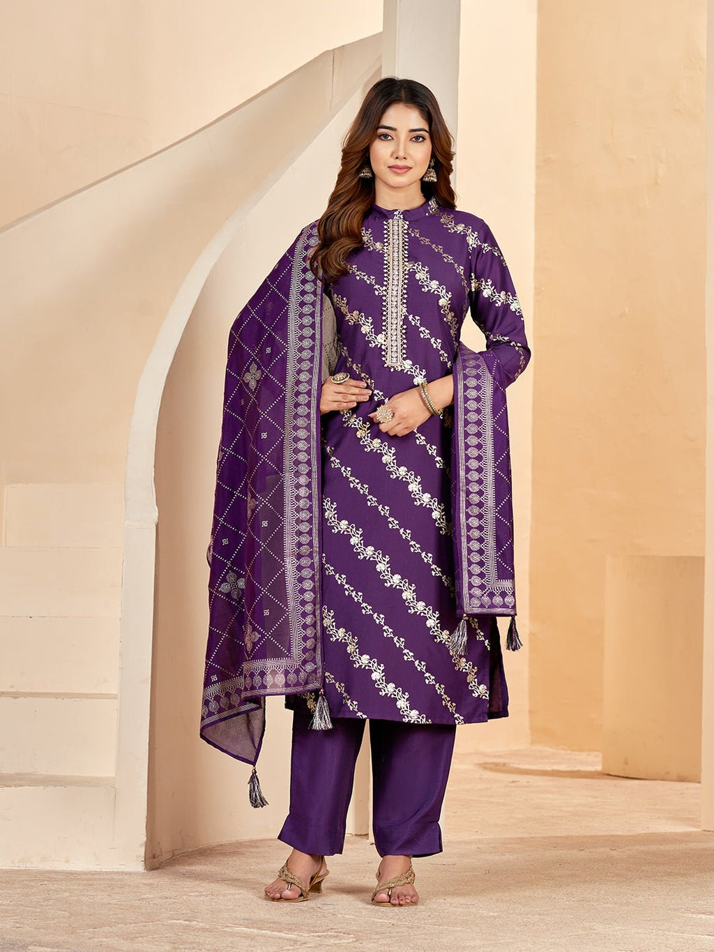 Purple Silk Blend Printed Kurta Set — front view — festive silk kurti with dupatta