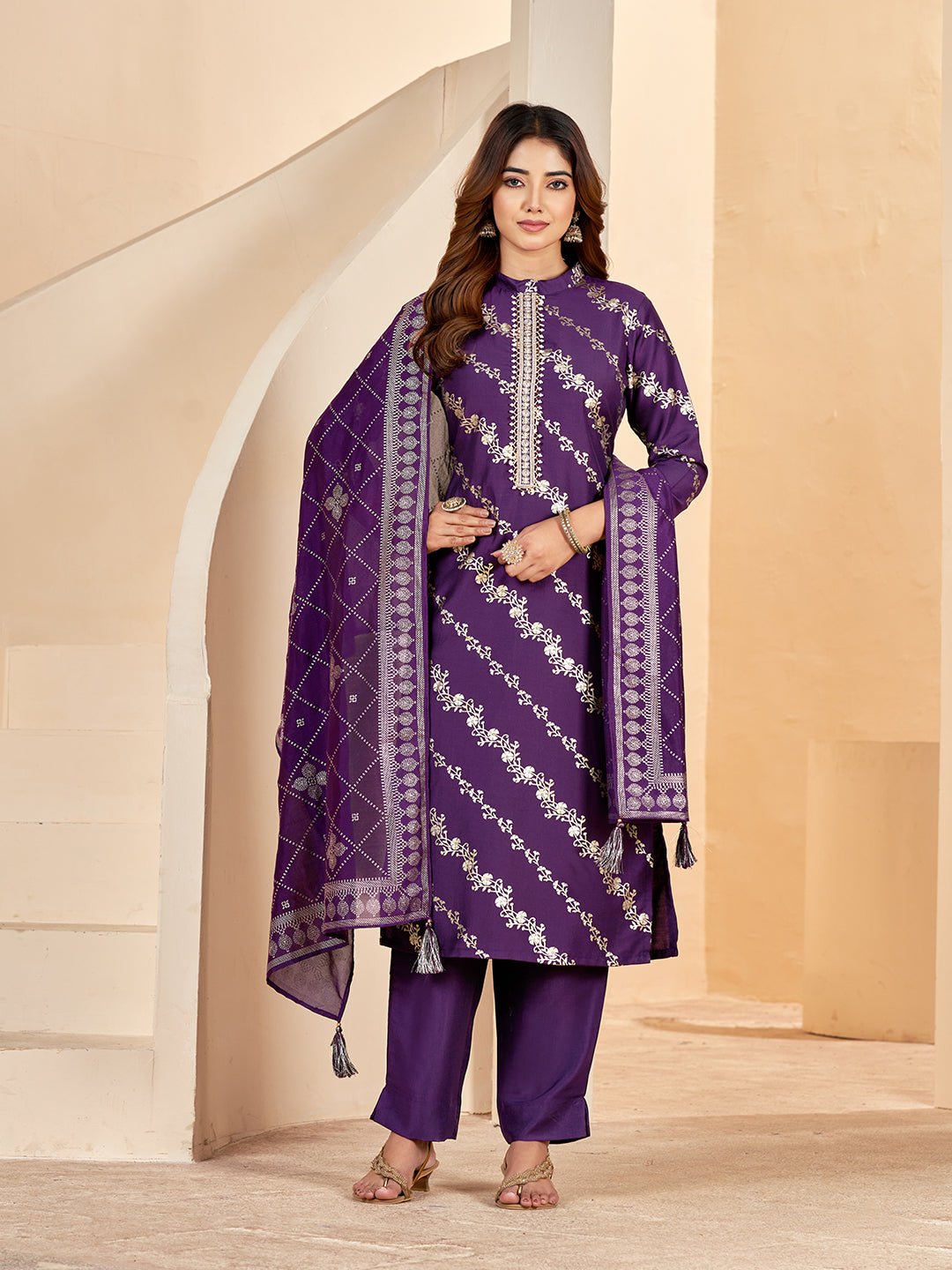 Purple Silk Blend Printed Kurta Set — front view — festive silk kurti with dupatta