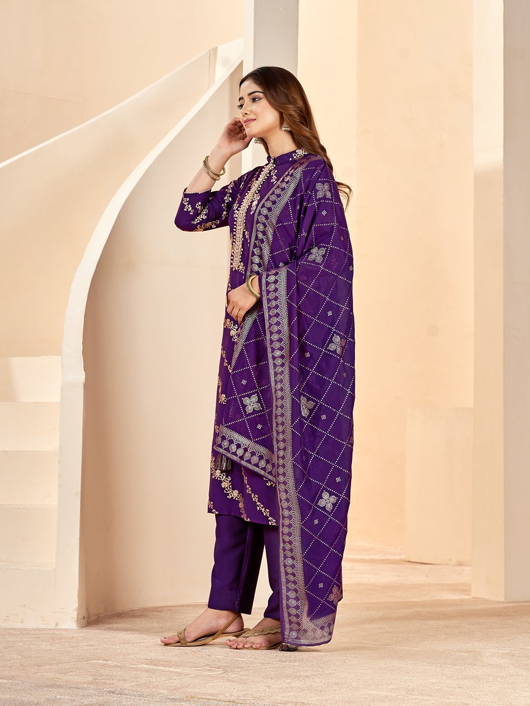 Purple Silk Blend Printed Kurta Set — side view — Purple Silk Blend women — Banwaree