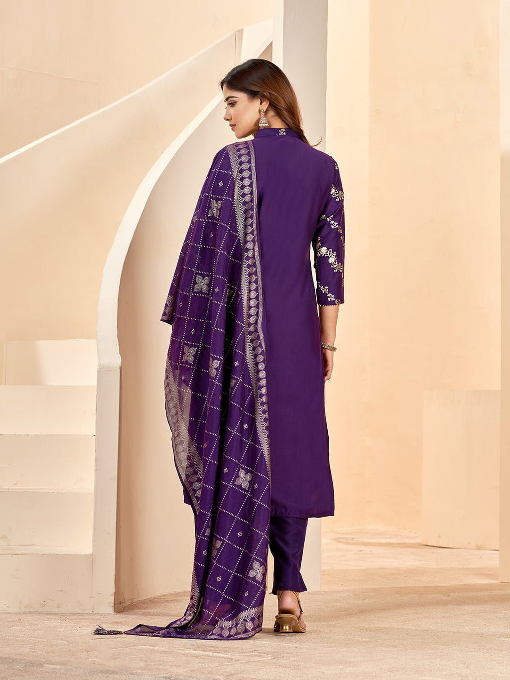 Purple Silk Blend Printed Kurta Set — back view with dupatta — Banwaree India