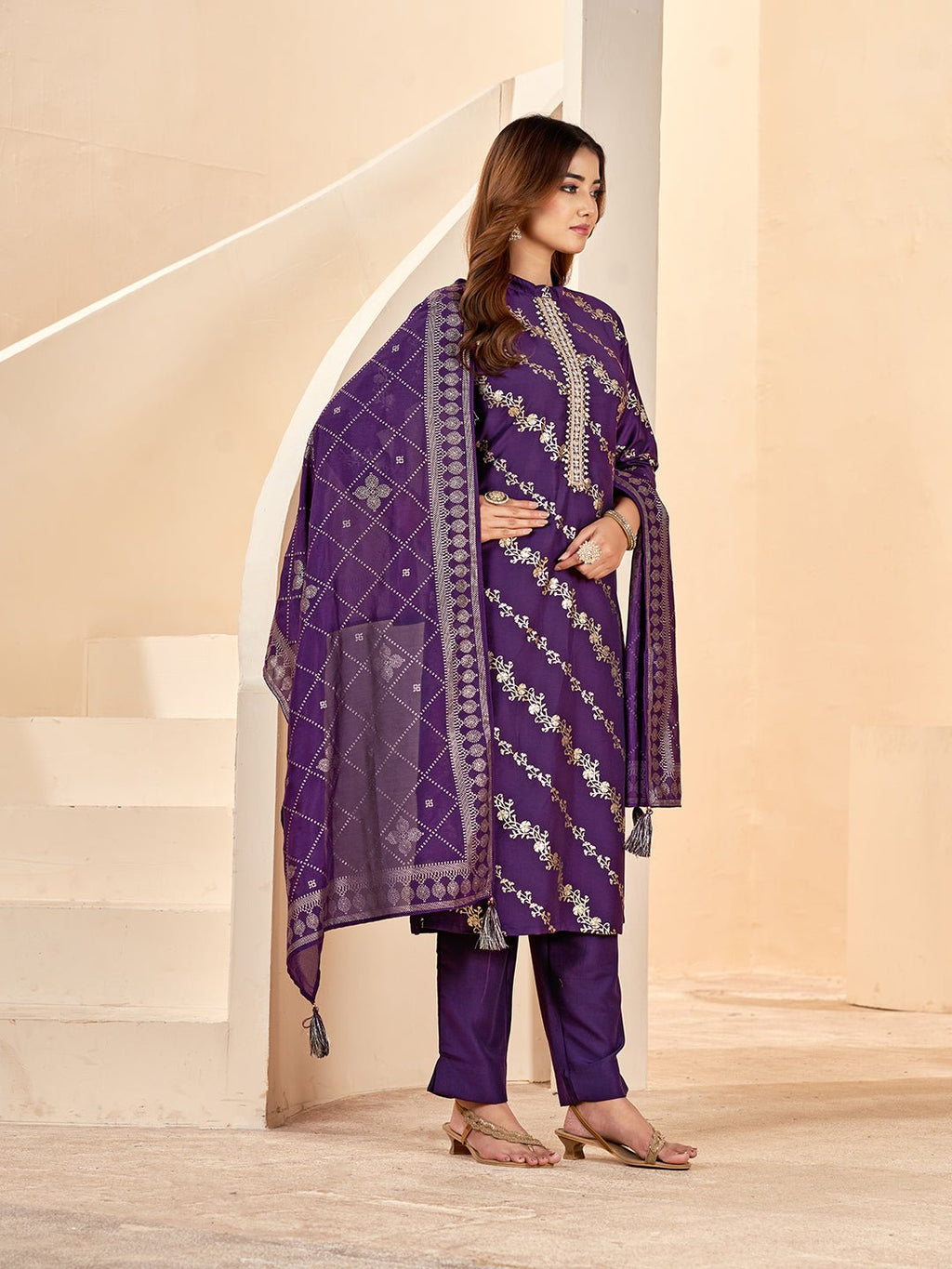 Purple Silk Blend Printed Kurta Set — fabric detail — Purple premium silk blend