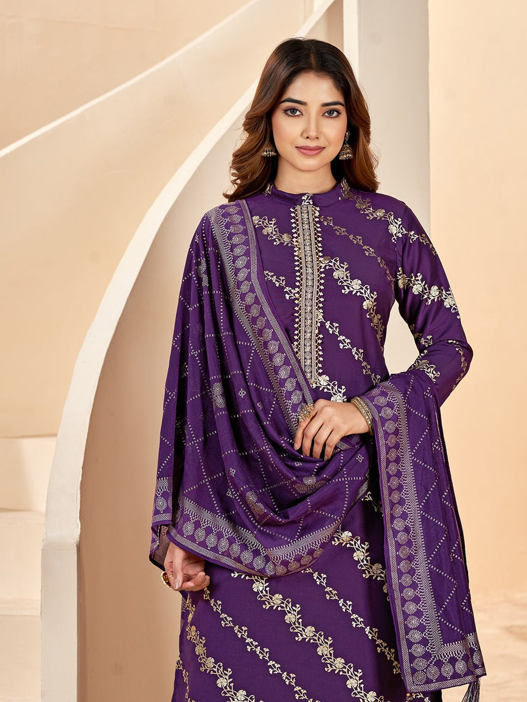 Purple Silk Blend Printed Kurta Set — festive styling — graceful silk blend — Banwaree