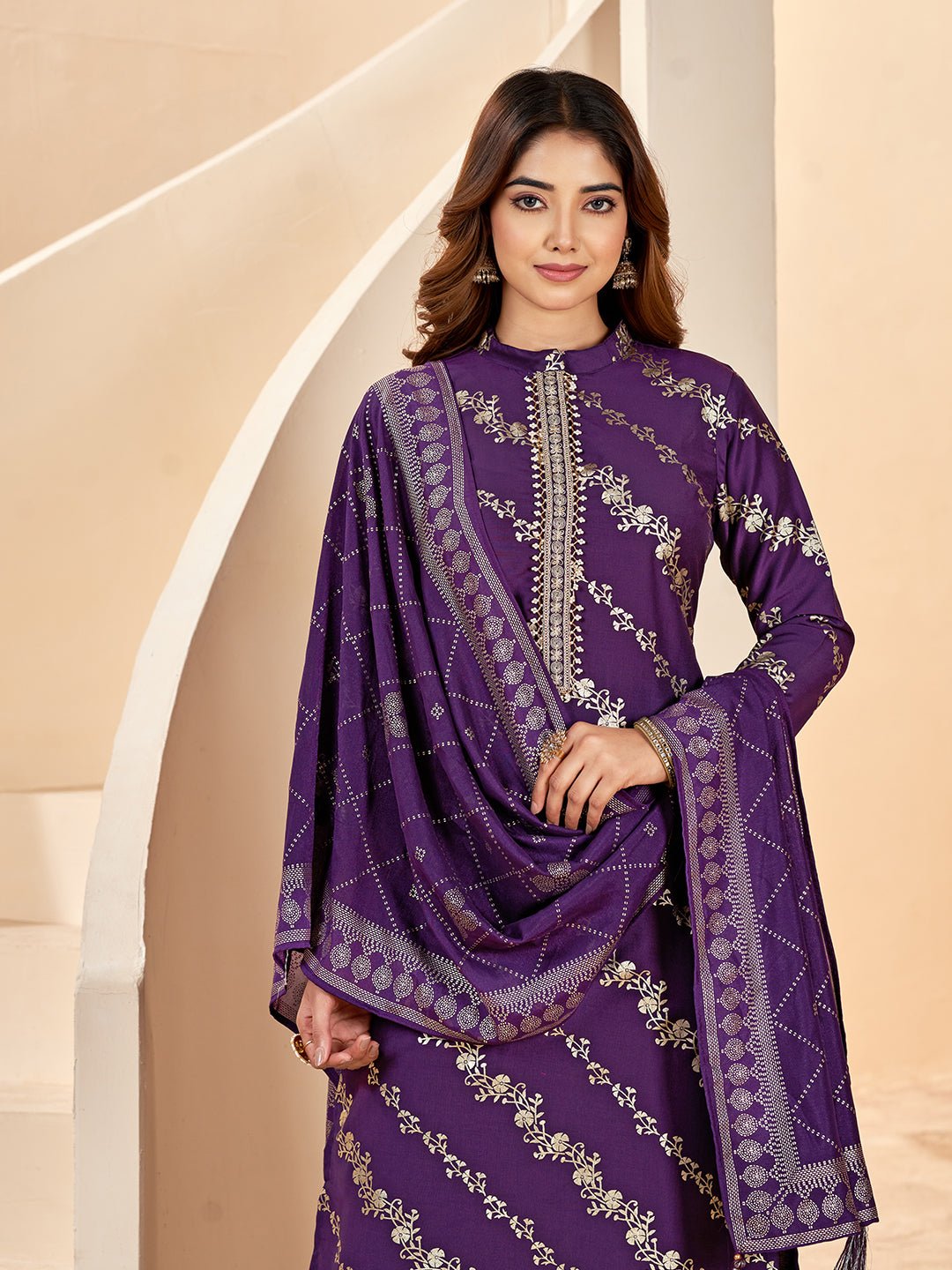 Purple Silk Blend Printed Kurta Set — festive styling — graceful silk blend — Banwaree