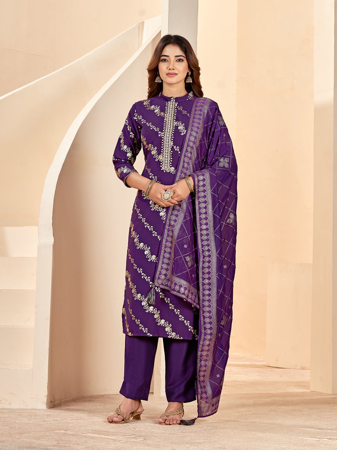 Purple Silk Blend Printed Kurta Set — complete 3-piece set — Purple Silk Blend
