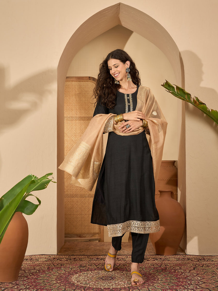 Black Yoke Neck Pure Silk Kurta Set with Dupatta for Women
